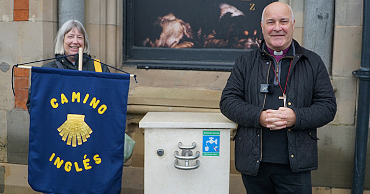 Stephen Cottrell, Archbishop of York and Caroline Boardman, Assistant Secretary of the Friends of the Finchale Camino at the new water fountain, Bishop Auckland.